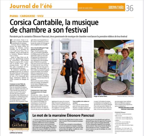 Article de presse de Corse Matin sur le festival Corsica Cantabile 2022, Corsica Cantabile, la musique de chambre a son festival.